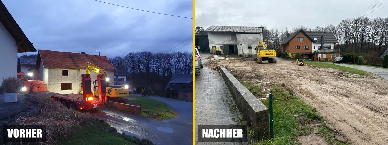 Vorher und nachher: Gebäude vor dem Abbruch und die planierte Fläche danach